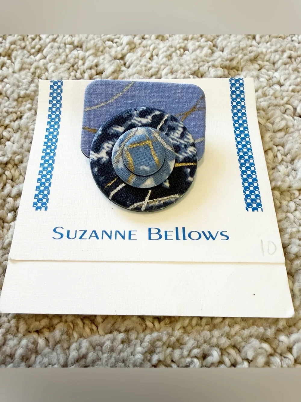 SUZANNE BELLOWS Pin Brooch Hand Painted Silk Denim Blue Geometric Gold Round NEW